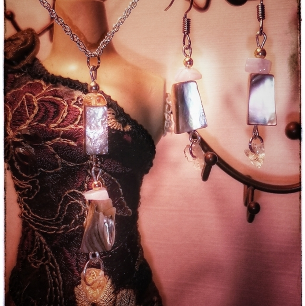 Handmade Chalcedony, Paua Shell, Citrine earrings & necklace set